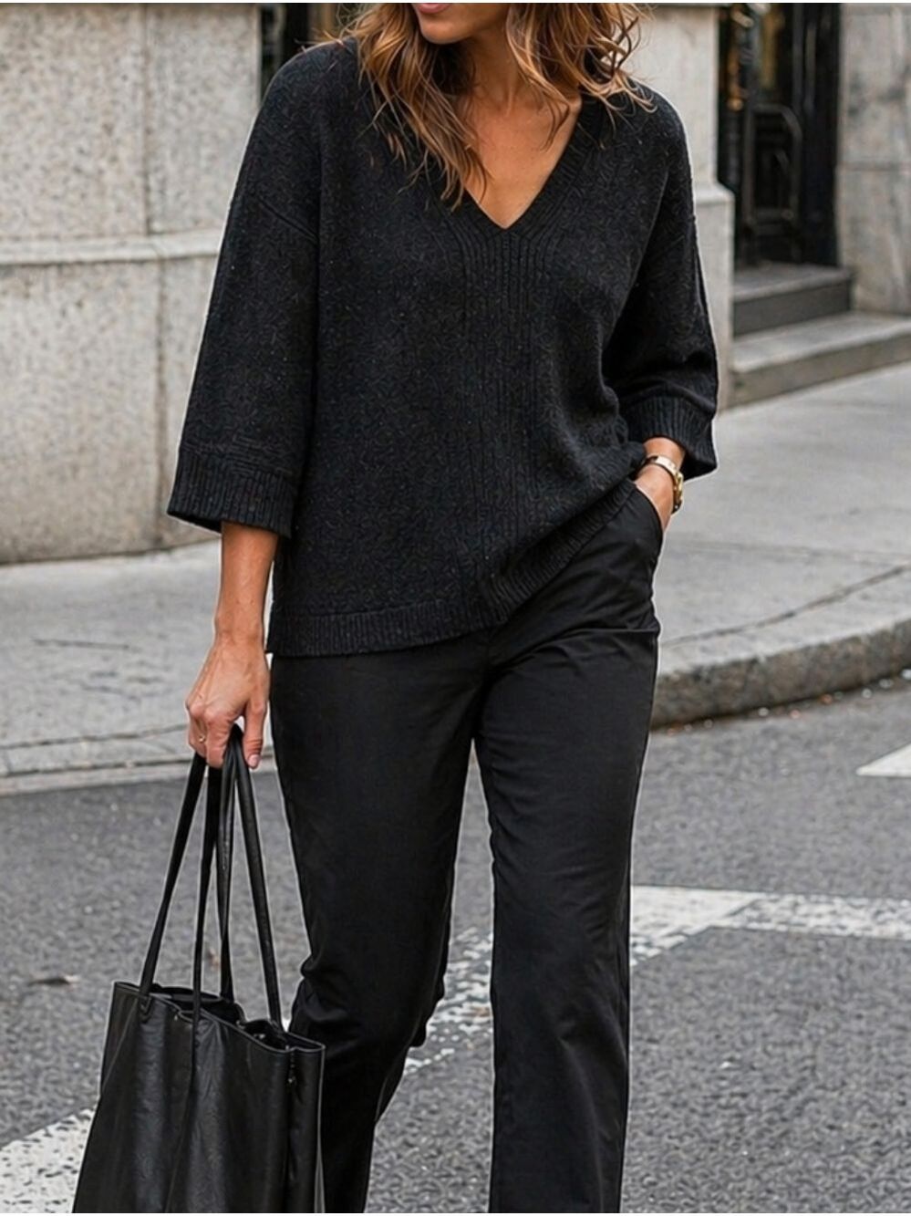 LOFT Wool Blend Black V-Neck Sweater Flare Sleeve Rib Knit Cozy Chic Oversized